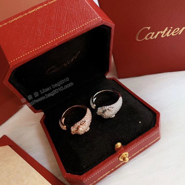 Cartier飾品 進口s925純銀 卡地亞豹子系列 滿鑽 窄版 豹子開口戒指  zgk1318